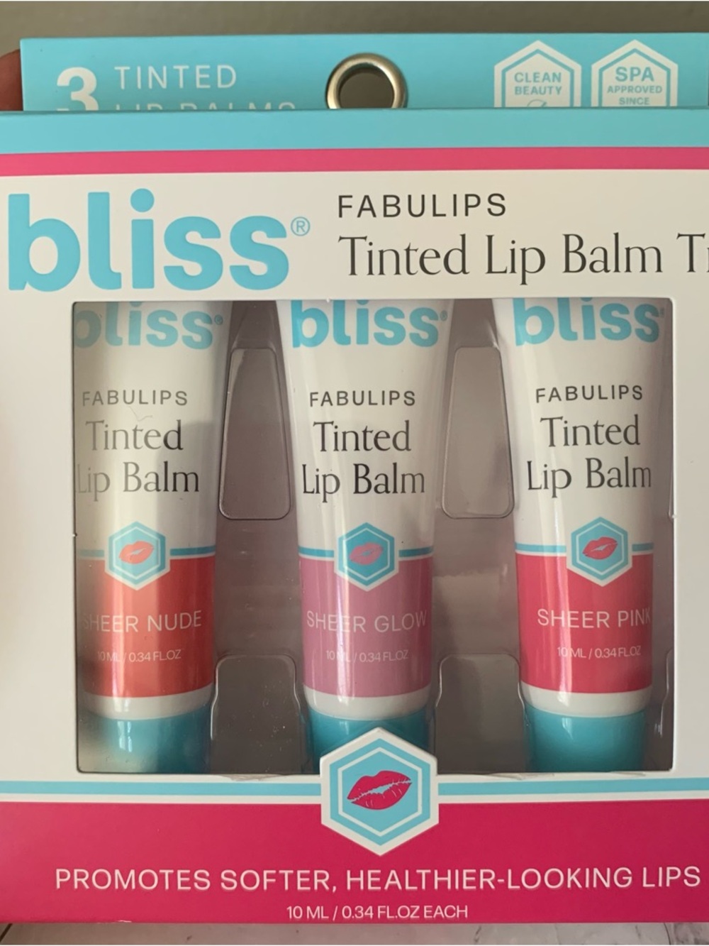 Bliss NIB Fabulips Tinted Lip Balm Trio 10ml EA W/Nude, Pink & Glow